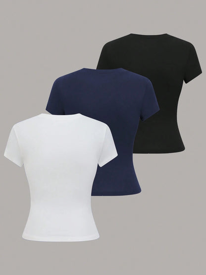 Franclia 3pcs/Set Women's Casual Solid Color Short Sleeve T-Shirts