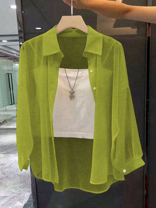 Franclia Basic Transparent Solid Color Minimalist Shirt With Turndown Collar Fall Cloth For Women