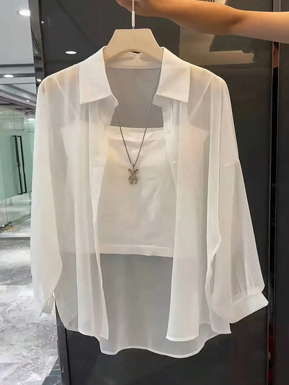 Franclia Basic Transparent Solid Color Minimalist Shirt With Turndown Collar Fall Cloth For Women