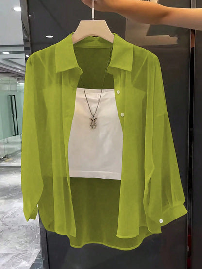 Franclia Basic Transparent Solid Color Minimalist Shirt With Turndown Collar Fall Cloth For Women