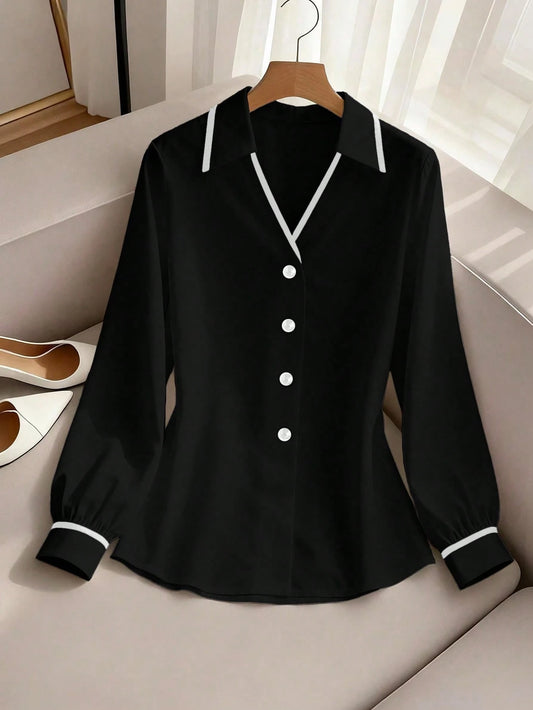 Franclia Casual Color Block Long Sleeve Shirt, Minimalist For Commuting