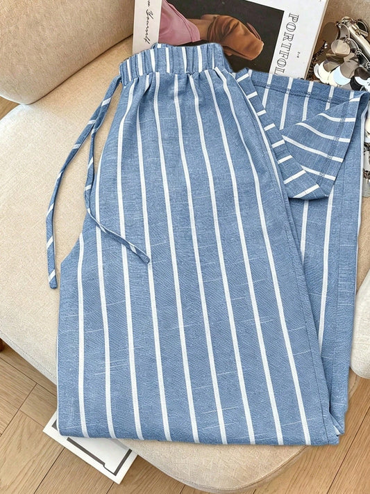 Franclia Casual Daily Sky Blue Striped Traceable Cotton Bamboo Elastic Waistband Decorative Women's Spring And Autumn Trousers Fall Cloth For Women