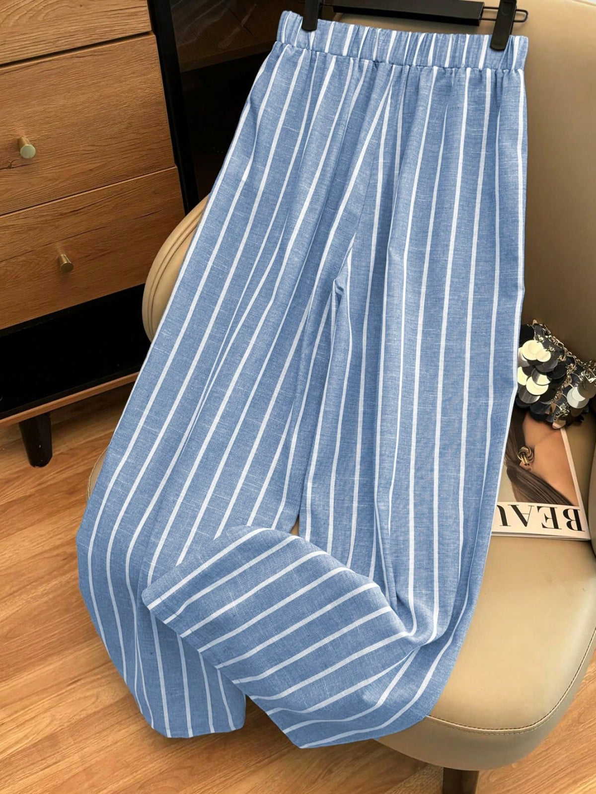 Franclia Casual Daily Sky Blue Striped Traceable Cotton Bamboo Elastic Waistband Decorative Women's Spring And Autumn Trousers Fall Cloth For Women