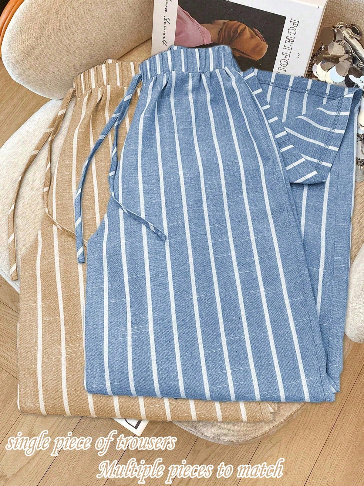 Franclia Casual Daily Sky Blue Striped Traceable Cotton Bamboo Elastic Waistband Decorative Women's Spring And Autumn Trousers Fall Cloth For Women