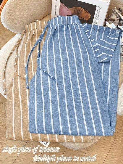 Franclia Casual Daily Sky Blue Striped Traceable Cotton Bamboo Elastic Waistband Decorative Women's Spring And Autumn Trousers Fall Cloth For Women