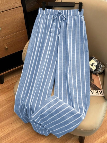 Franclia Casual Daily Sky Blue Striped Traceable Cotton Bamboo Elastic Waistband Decorative Women's Spring And Autumn Trousers Fall Cloth For Women