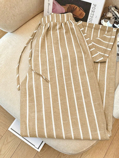 Franclia Casual Daily Sky Blue Striped Traceable Cotton Bamboo Elastic Waistband Decorative Women's Spring And Autumn Trousers Fall Cloth For Women