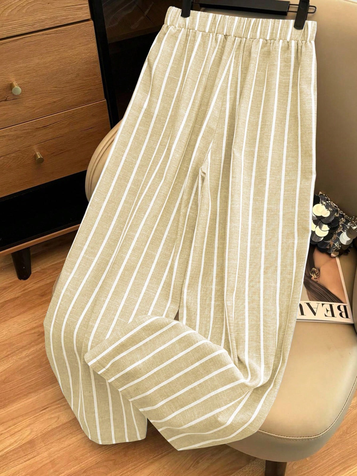 Franclia Casual Daily Sky Blue Striped Traceable Cotton Bamboo Elastic Waistband Decorative Women's Spring And Autumn Trousers Fall Cloth For Women