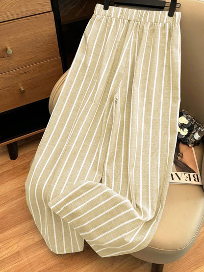 Franclia Casual Daily Sky Blue Striped Traceable Cotton Bamboo Elastic Waistband Decorative Women's Spring And Autumn Trousers Fall Cloth For Women