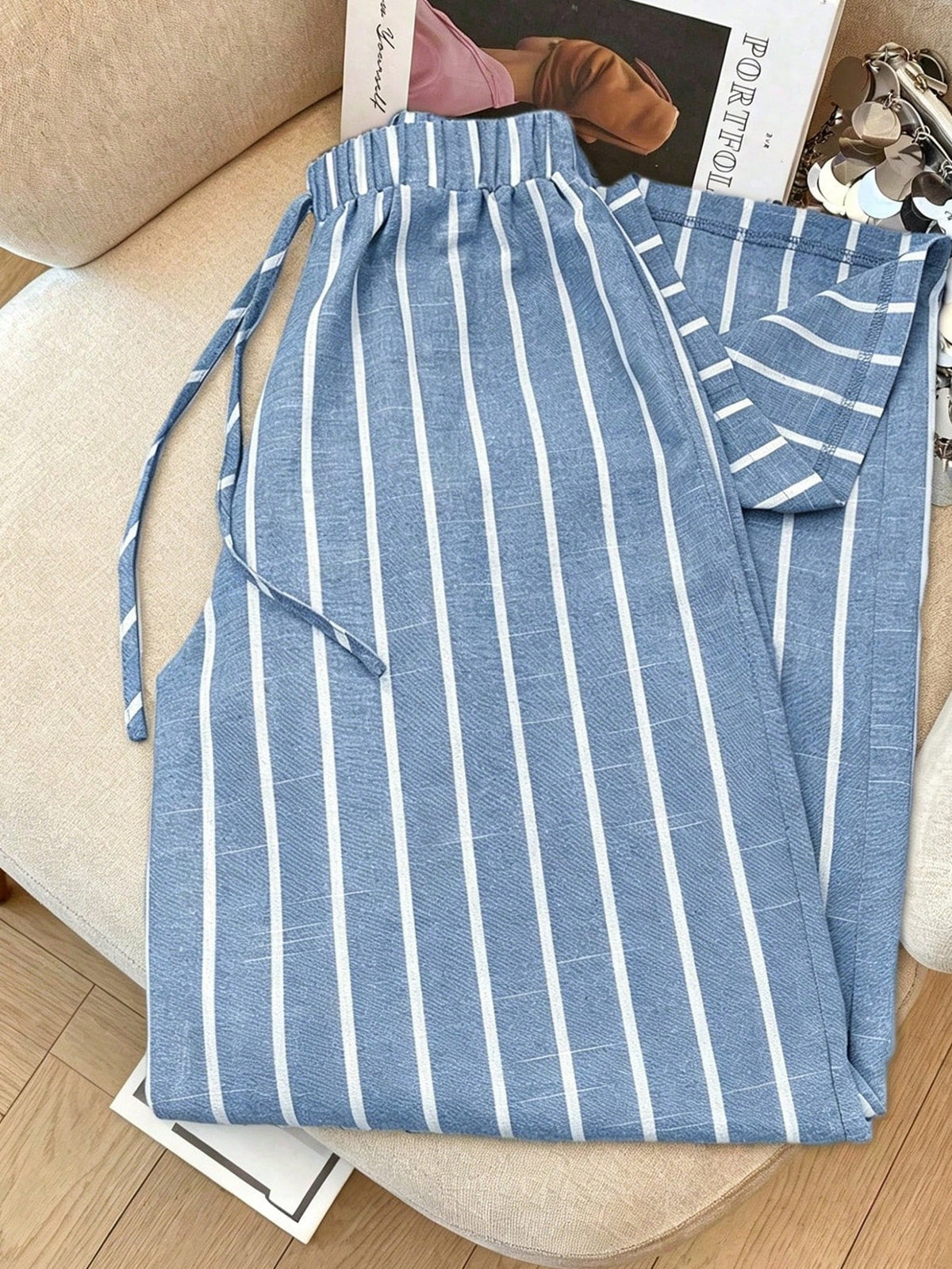 Franclia Casual Daily Sky Blue Striped Traceable Cotton Bamboo Elastic Waistband Decorative Women's Spring And Autumn Trousers Fall Cloth For Women