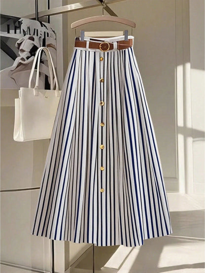 Franclia Casual Fashionable Versatile Elastic Waist With Brown Leather Belt Pleated Maxi Skirt