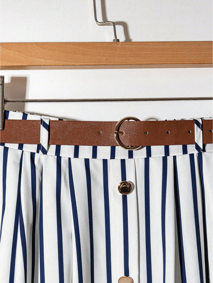 Franclia Casual Fashionable Versatile Elastic Waist With Brown Leather Belt Pleated Maxi Skirt