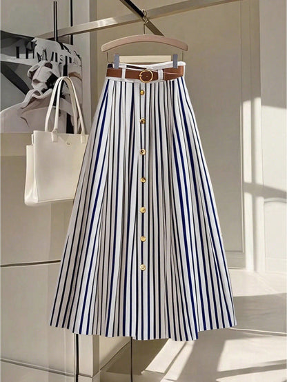Franclia Casual Fashionable Versatile Elastic Waist With Brown Leather Belt Pleated Maxi Skirt