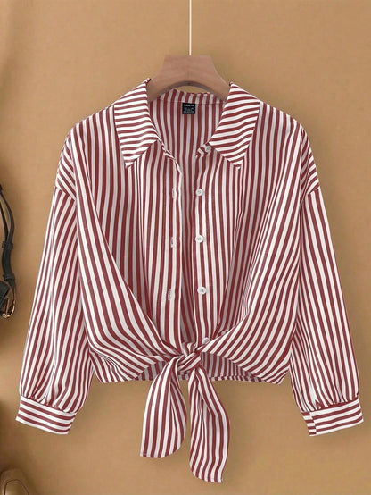 Franclia Casual Red Striped Blouse For Women Woven Fabric Long Drop Shoulder Sleeve Shirt With Knot Detail Regular Length