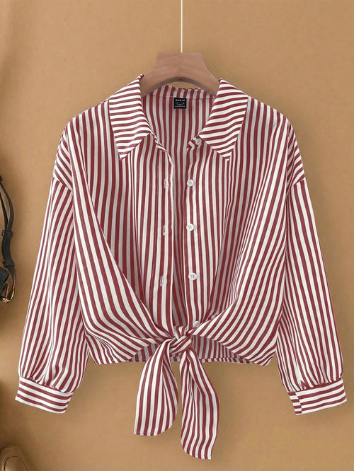 Franclia Casual Red Striped Blouse For Women Woven Fabric Long Drop Shoulder Sleeve Shirt With Knot Detail Regular Length