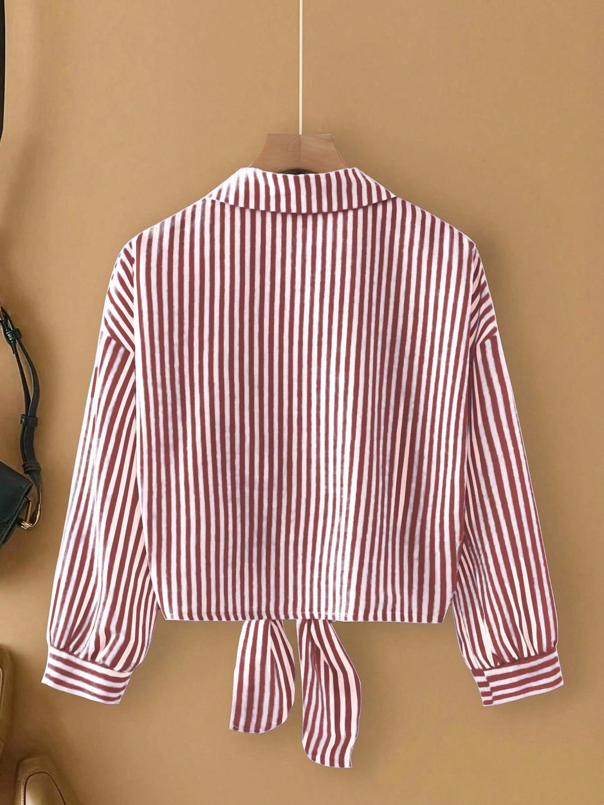 Franclia Casual Red Striped Blouse For Women Woven Fabric Long Drop Shoulder Sleeve Shirt With Knot Detail Regular Length