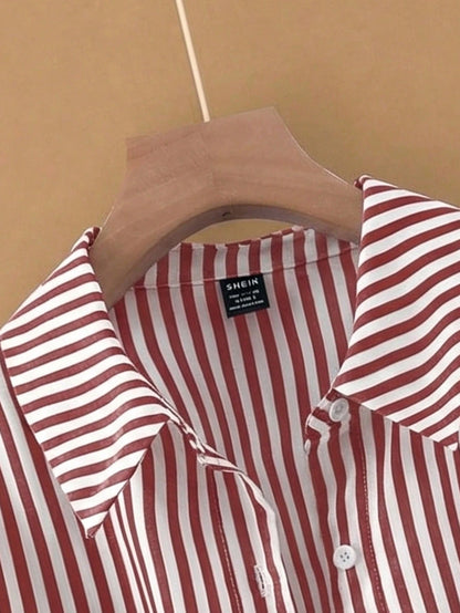 Franclia Casual Red Striped Blouse For Women Woven Fabric Long Drop Shoulder Sleeve Shirt With Knot Detail Regular Length
