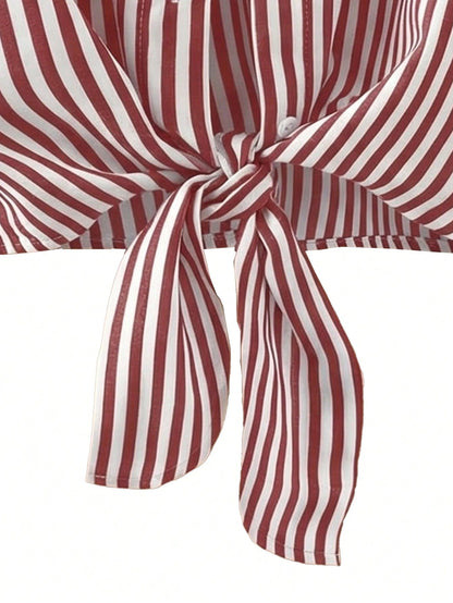 Franclia Casual Red Striped Blouse For Women Woven Fabric Long Drop Shoulder Sleeve Shirt With Knot Detail Regular Length