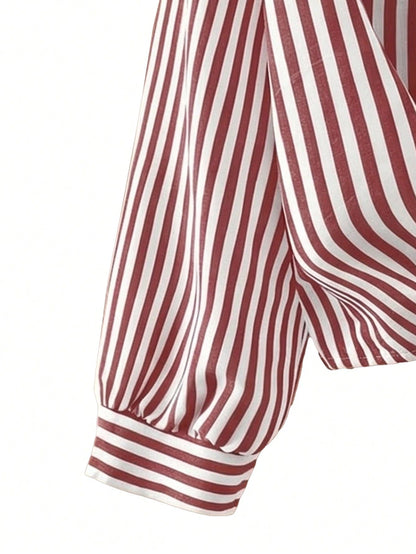 Franclia Casual Red Striped Blouse For Women Woven Fabric Long Drop Shoulder Sleeve Shirt With Knot Detail Regular Length