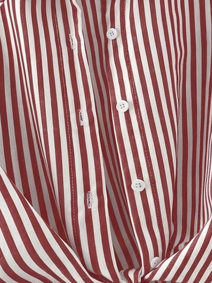 Franclia Casual Red Striped Blouse For Women Woven Fabric Long Drop Shoulder Sleeve Shirt With Knot Detail Regular Length