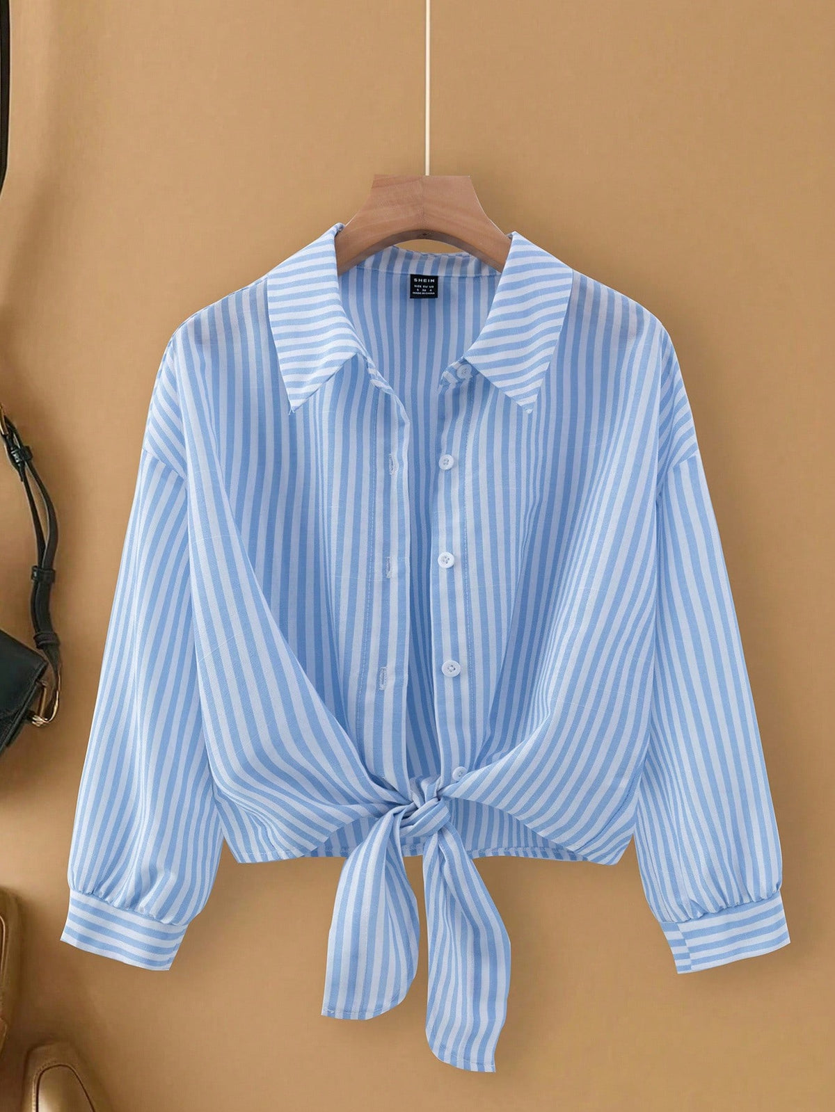 Franclia Casual Red Striped Blouse For Women Woven Fabric Long Drop Shoulder Sleeve Shirt With Knot Detail Regular Length