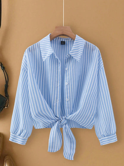 Franclia Casual Red Striped Blouse For Women Woven Fabric Long Drop Shoulder Sleeve Shirt With Knot Detail Regular Length