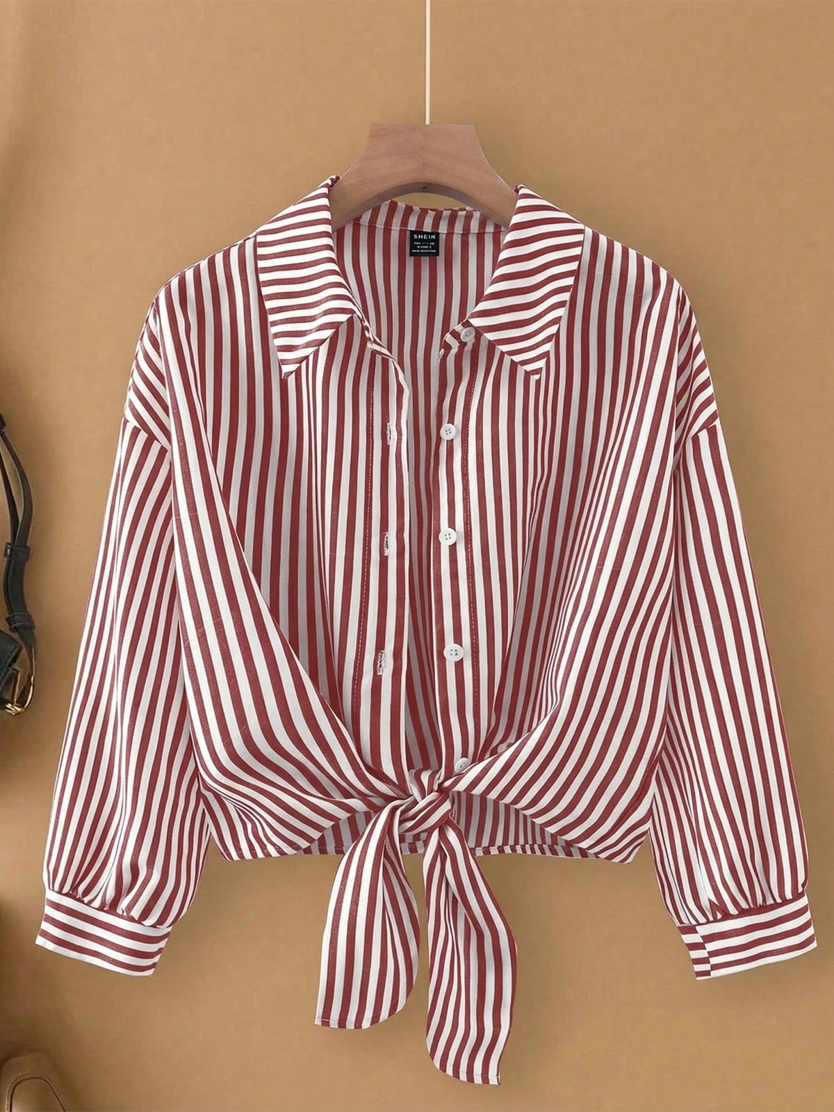 Franclia Casual Red Striped Blouse For Women Woven Fabric Long Drop Shoulder Sleeve Shirt With Knot Detail Regular Length