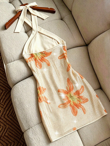 Franclia Elegant Halter Neck Beaded Short Sequin Dress,Orange And White,Summer,70s,Party Luxury Party Dress For Women,Wedding,Formal Occasions