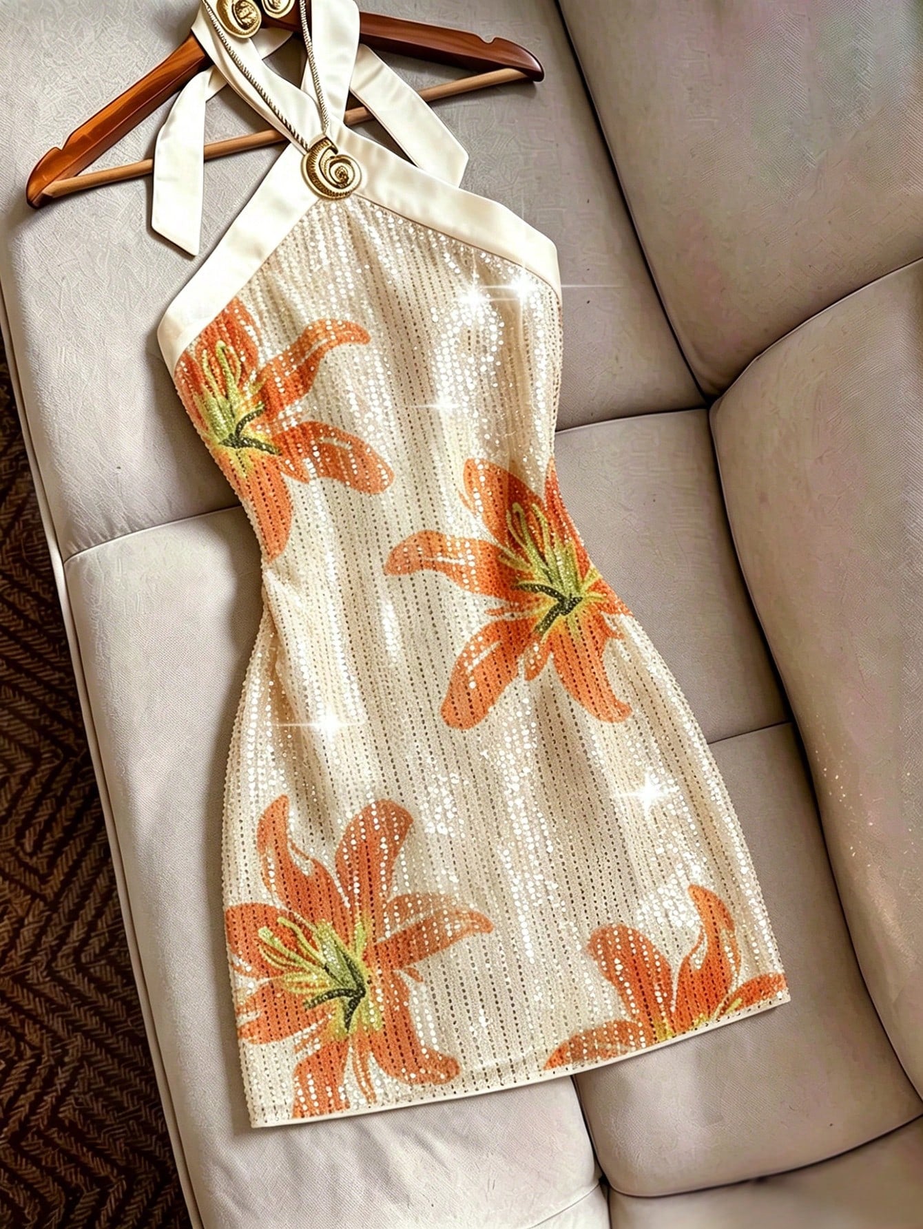 Franclia Elegant Halter Neck Beaded Short Sequin Dress,Orange And White,Summer,70s,Party Luxury Party Dress For Women,Wedding,Formal Occasions