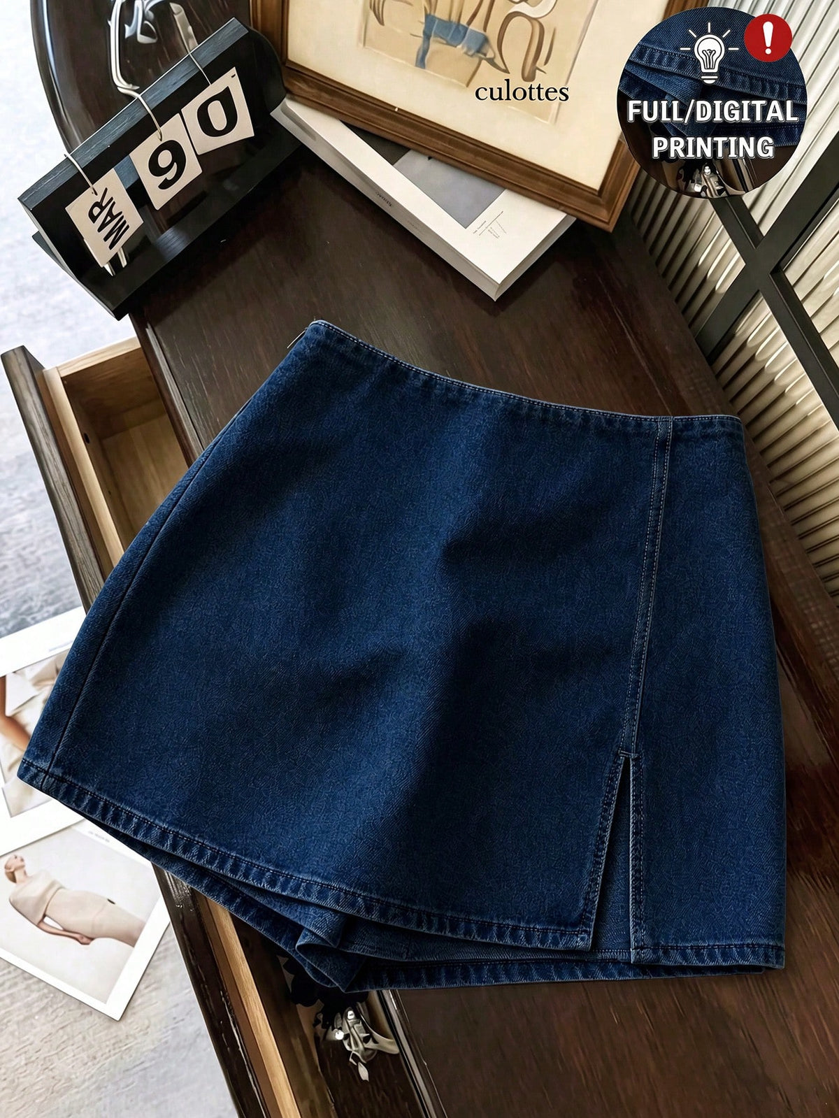 Franclia Fashion Casual Work Commute Versatile Denim Effect Printed Texture Soft Fabric High Waist Slit Women's Shorts/Skirt/Wide Leg Pants/Hot Pants
