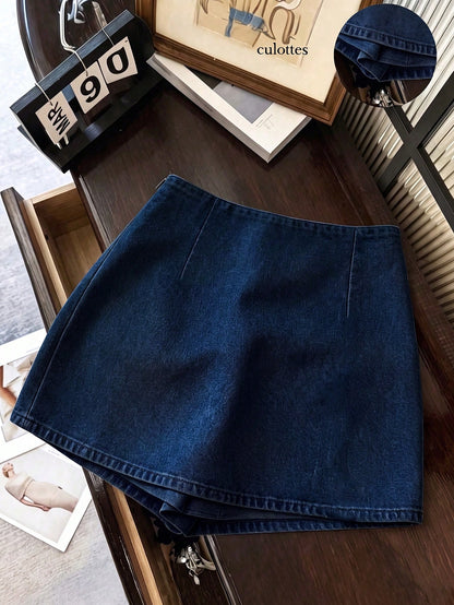Franclia Fashion Casual Work Commute Versatile Denim Effect Printed Texture Soft Fabric High Waist Slit Women's Shorts/Skirt/Wide Leg Pants/Hot Pants