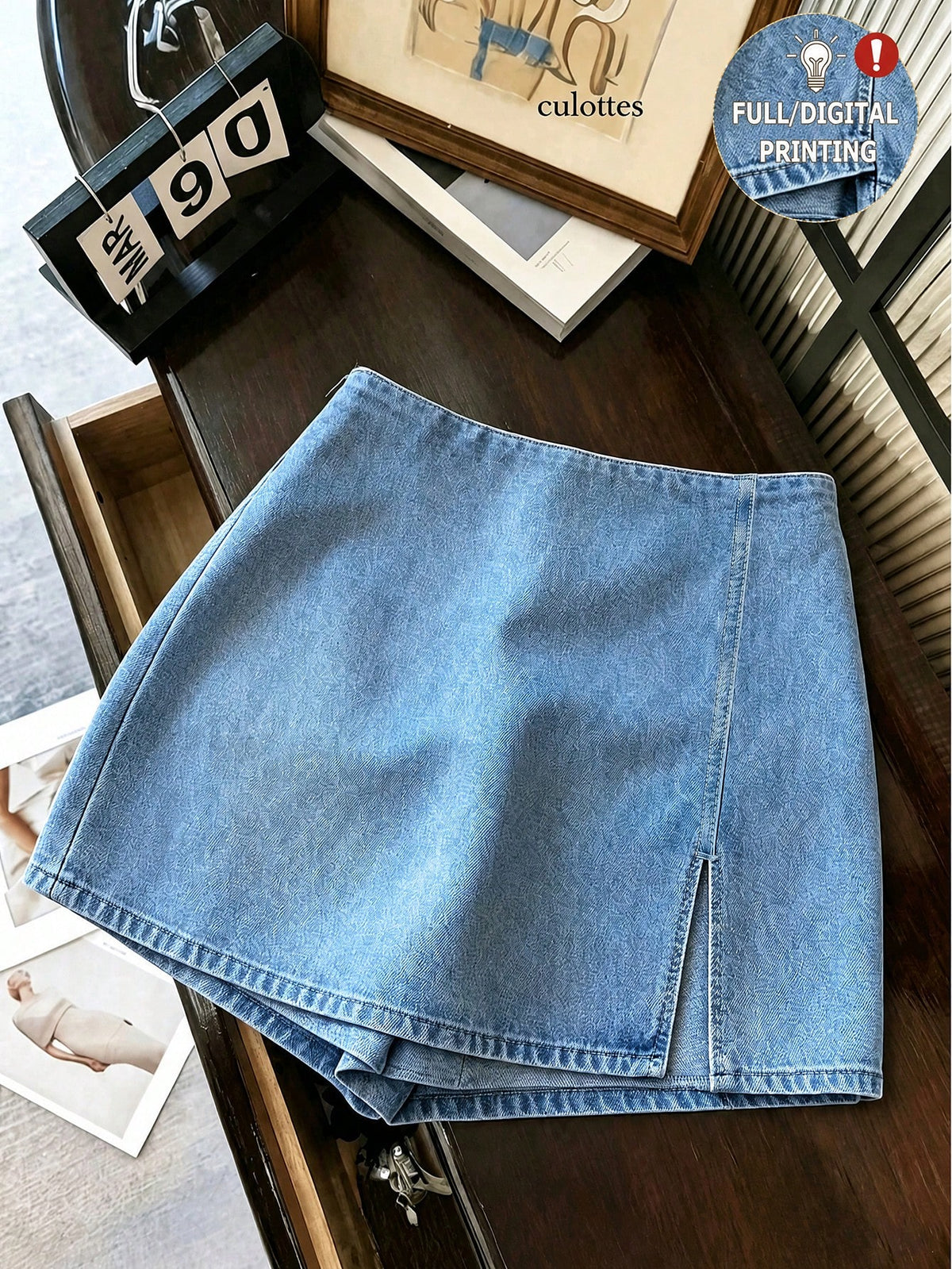 Franclia Fashion Casual Work Commute Versatile Denim Effect Printed Texture Soft Fabric High Waist Slit Women's Shorts/Skirt/Wide Leg Pants/Hot Pants