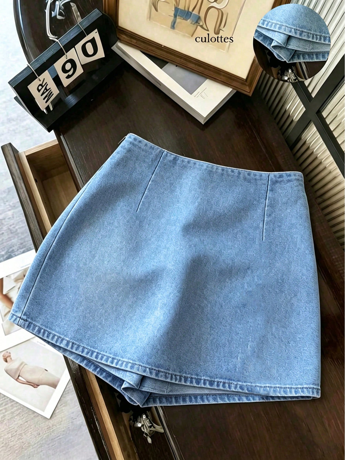Franclia Fashion Casual Work Commute Versatile Denim Effect Printed Texture Soft Fabric High Waist Slit Women's Shorts/Skirt/Wide Leg Pants/Hot Pants