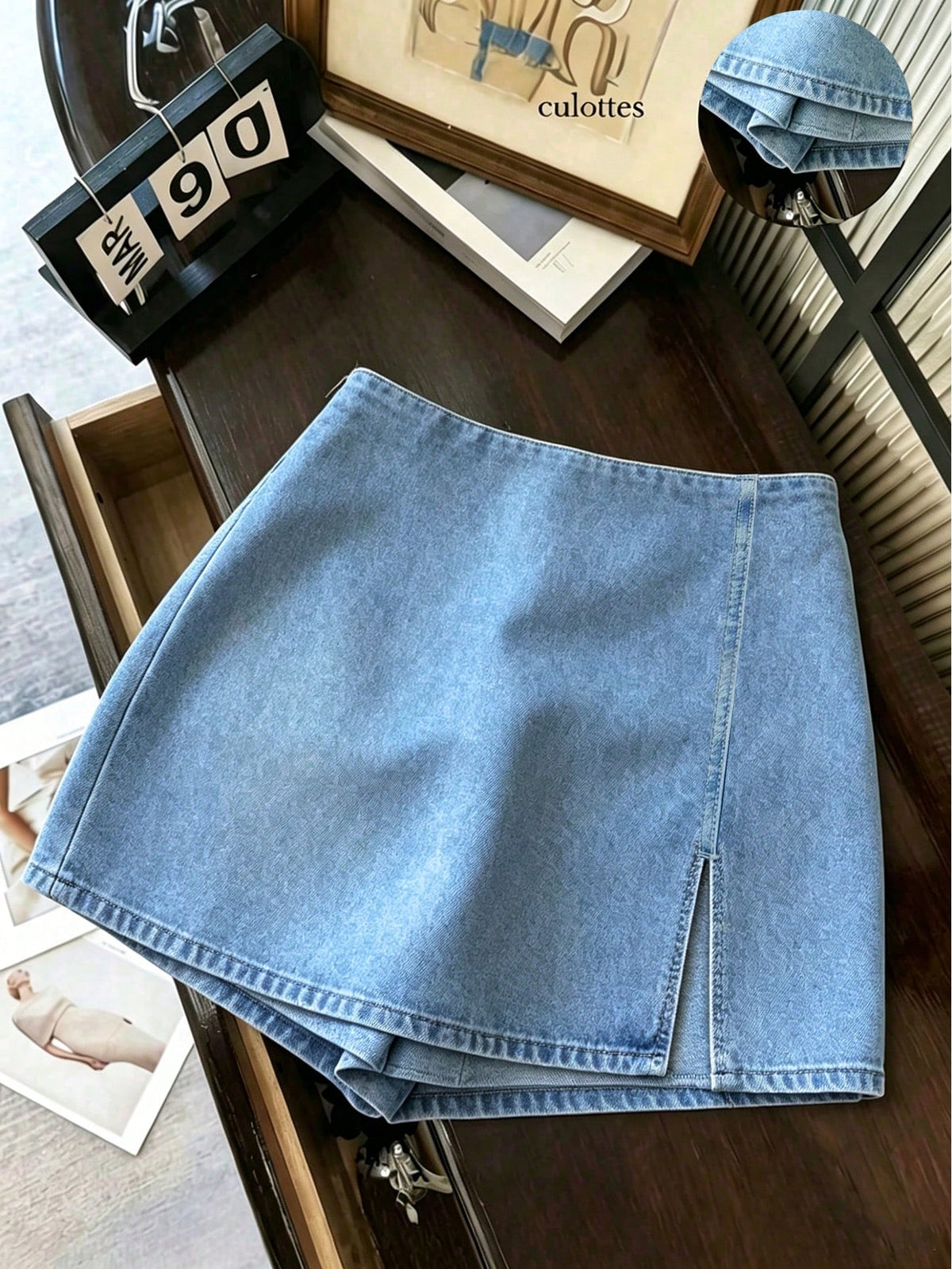 Franclia Fashion Casual Work Commute Versatile Denim Effect Printed Texture Soft Fabric High Waist Slit Women's Shorts/Skirt/Wide Leg Pants/Hot Pants