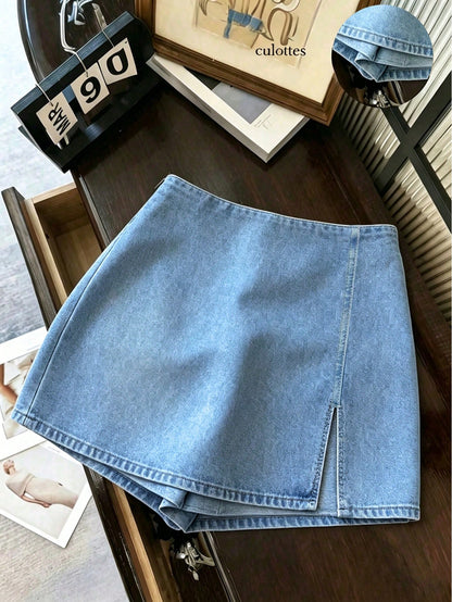 Franclia Fashion Casual Work Commute Versatile Denim Effect Printed Texture Soft Fabric High Waist Slit Women's Shorts/Skirt/Wide Leg Pants/Hot Pants