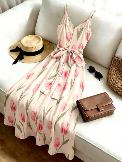 Franclia Floral Contrast Color Tie-Waist Camisole Dress, Hidden Zipper, Adjustable Buckle, Minimalist Style, With 3D Tailoring Effect, Flowy Waist-Cinched Dress, Suitable For Summer Vacation, Sp