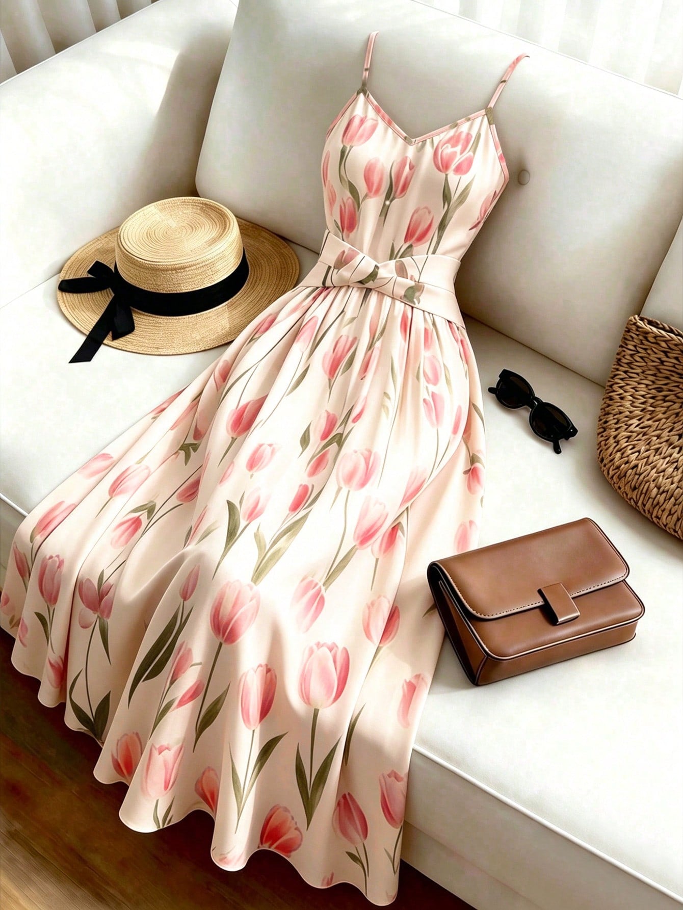 Franclia Floral Contrast Color Tie-Waist Camisole Dress, Hidden Zipper, Adjustable Buckle, Minimalist Style, With 3D Tailoring Effect, Flowy Waist-Cinched Dress, Suitable For Summer Vacation, Sp
