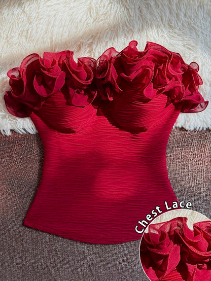 Franclia Ruffle Pleated Solid Color Sexy Bandeau Tank Top