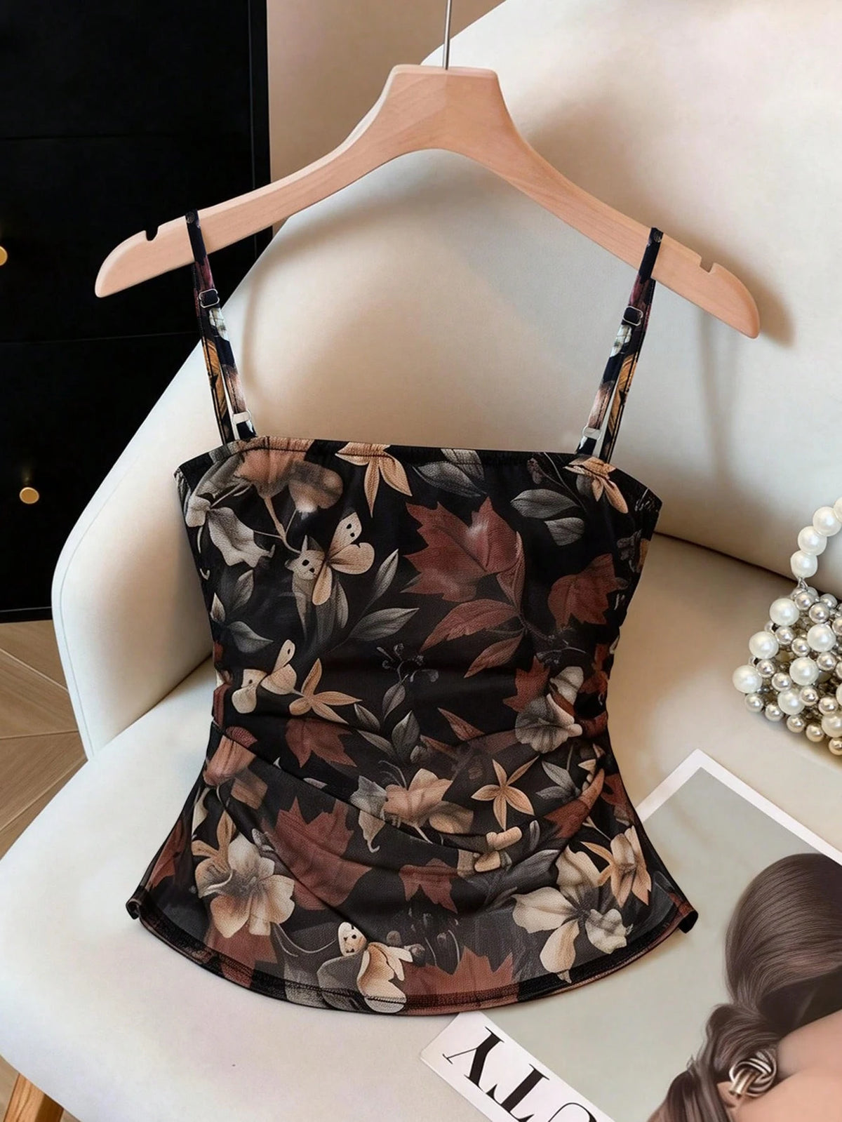 Franclia Women's Black Floral Print Ruched Camisole,Elegant Summer Dining Date Night Crop Top Corsets,Fashionable Versatile Bustier Tube Top Country Concert