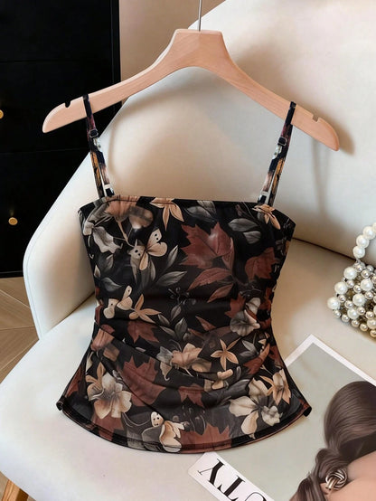 Franclia Women's Black Floral Print Ruched Camisole,Elegant Summer Dining Date Night Crop Top Corsets,Fashionable Versatile Bustier Tube Top Country Concert