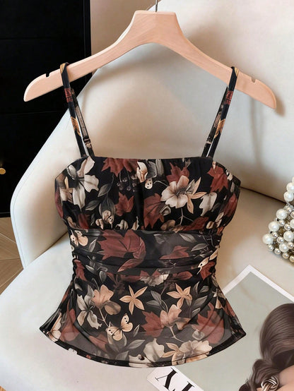 Franclia Women's Black Floral Print Ruched Camisole,Elegant Summer Dining Date Night Crop Top Corsets,Fashionable Versatile Bustier Tube Top Country Concert