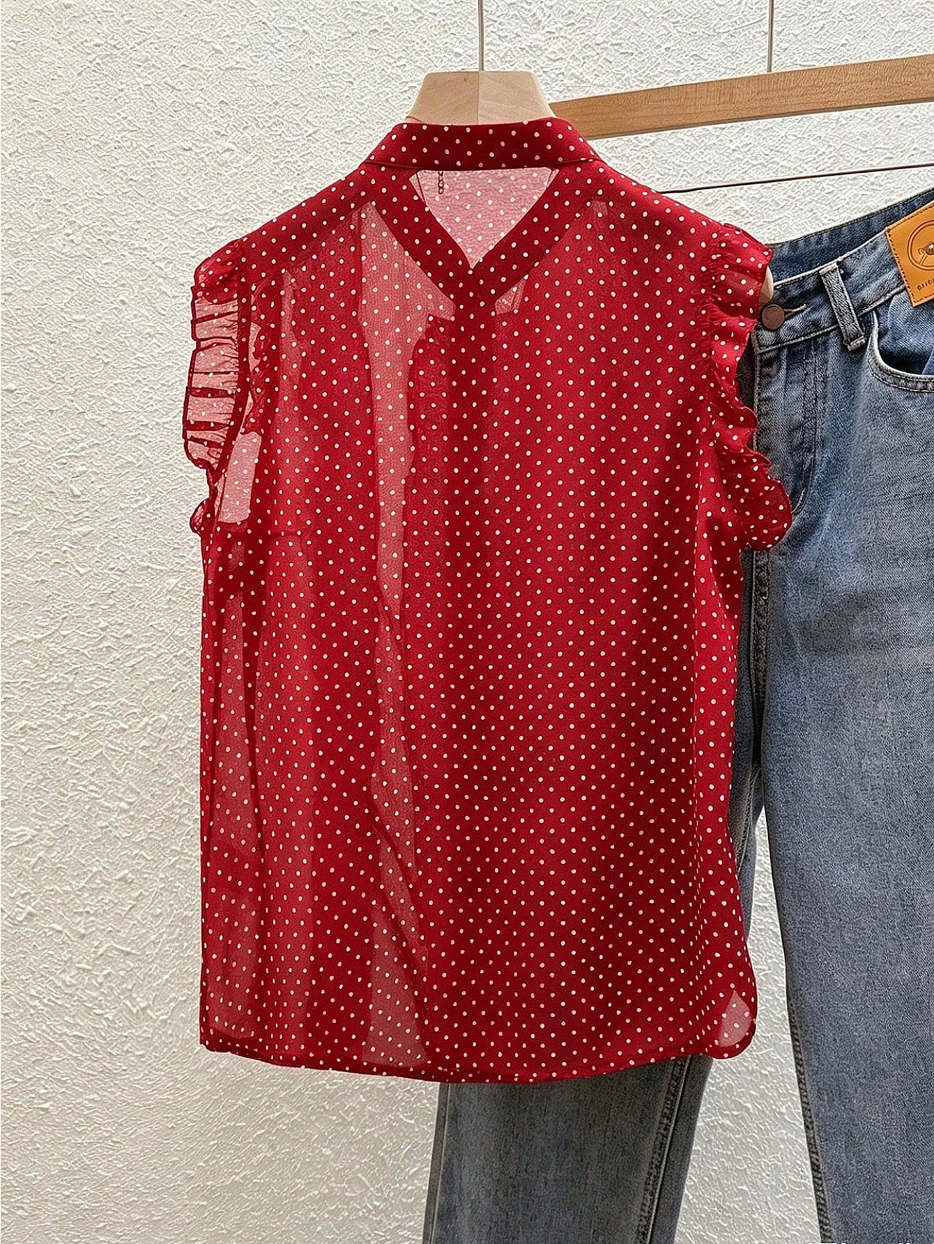 Franclia Women's Black Polka Dot Chiffon Blouse, Elegant Romantic Ruffle Hem