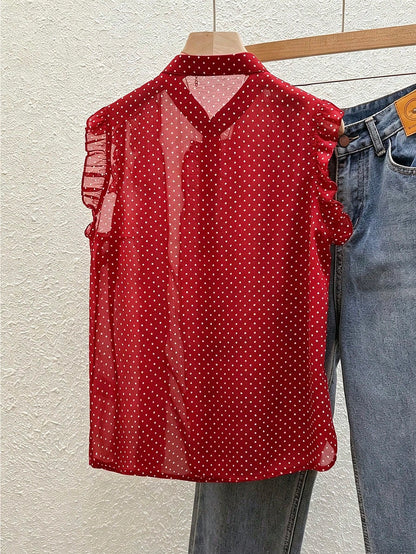 Franclia Women's Black Polka Dot Chiffon Blouse, Elegant Romantic Ruffle Hem