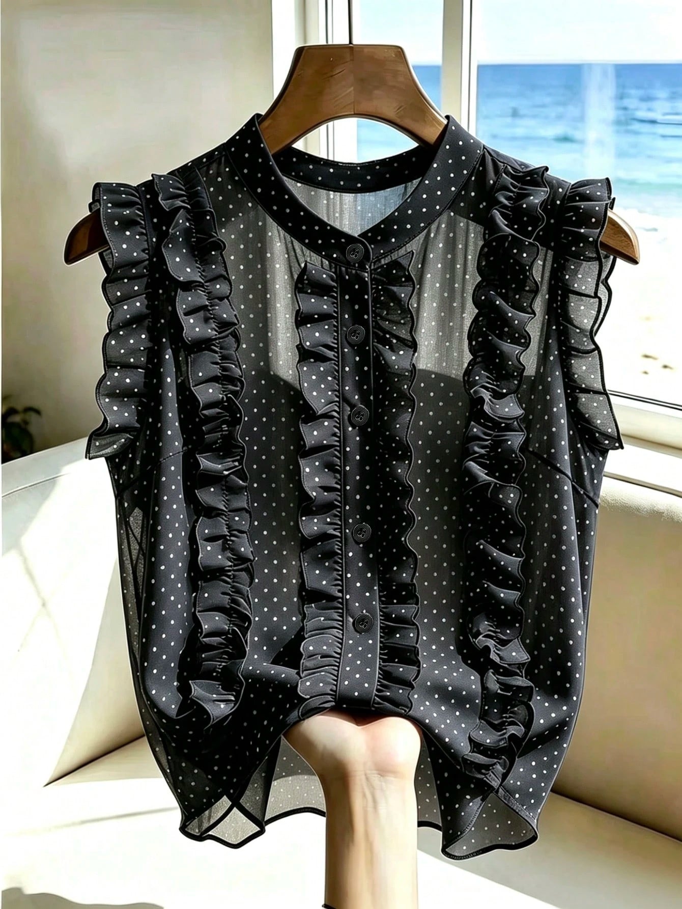 Franclia Women's Black Polka Dot Chiffon Blouse, Elegant Romantic Ruffle Hem