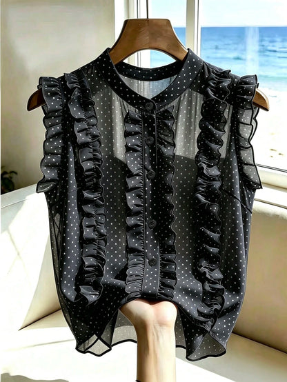 Franclia Women's Black Polka Dot Chiffon Blouse, Elegant Romantic Ruffle Hem