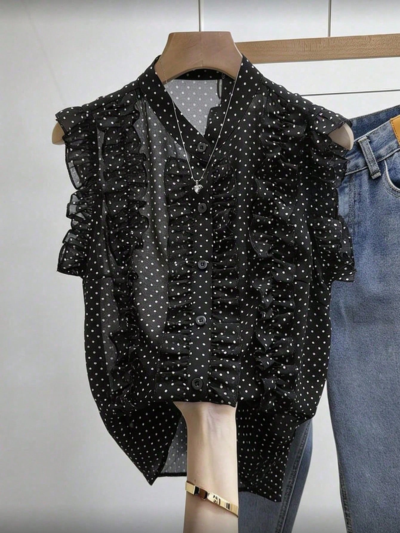 Franclia Women's Black Polka Dot Chiffon Blouse, Elegant Romantic Ruffle Hem