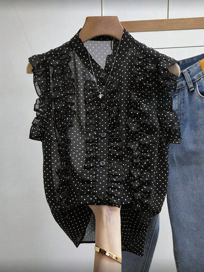 Franclia Women's Black Polka Dot Chiffon Blouse, Elegant Romantic Ruffle Hem
