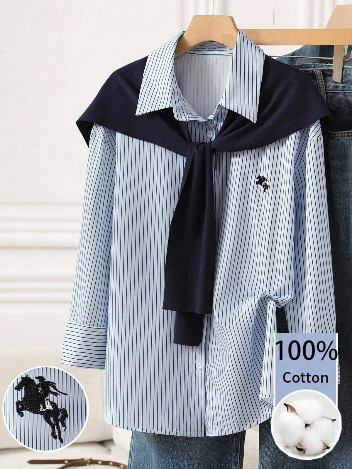 Franclia Women's Casual College Back To School Embroidered Horse Woven Striped Patchwork Knit Solid Color Shawl Faux Two Pieces Regular Long Sleeve Shirt, Autumn