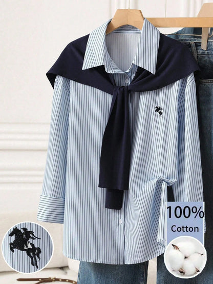 Franclia Women's Casual College Back To School Embroidered Horse Woven Striped Patchwork Knit Solid Color Shawl Faux Two Pieces Regular Long Sleeve Shirt, Autumn