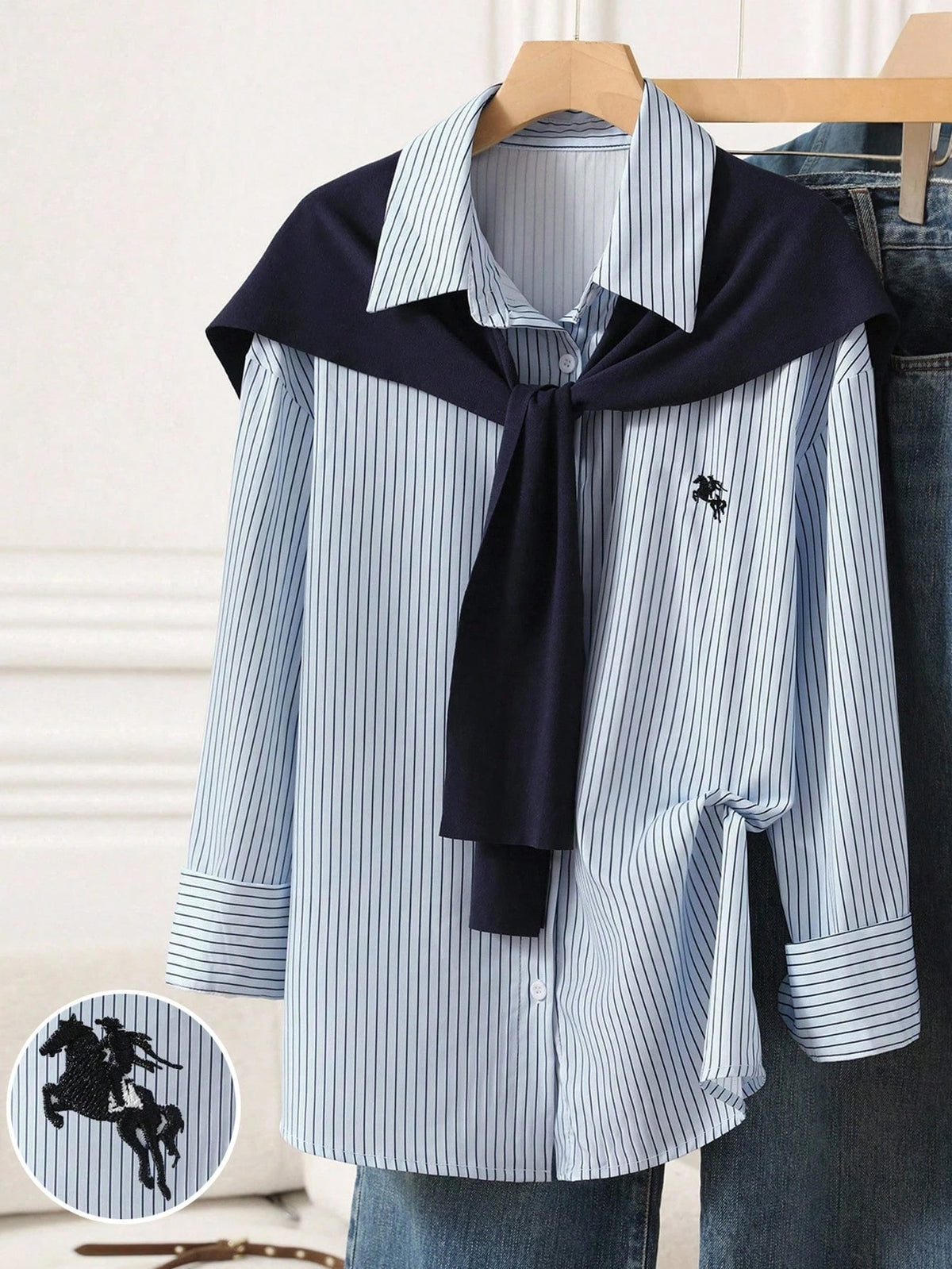 Franclia Women's Casual College Back To School Embroidered Horse Woven Striped Patchwork Knit Solid Color Shawl Faux Two Pieces Regular Long Sleeve Shirt, Autumn